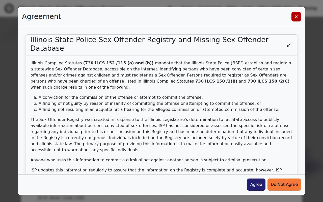 Illinois State Police registry search form with Shelby County filters