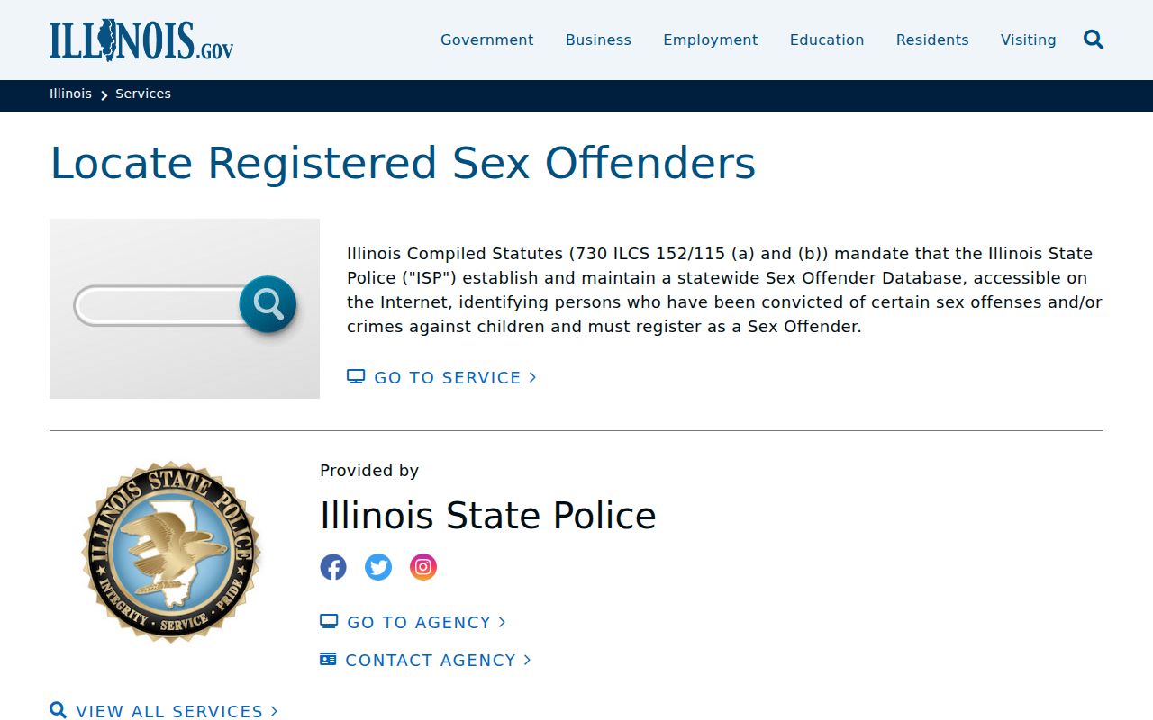 Illinois government sex offender registry service page for Shelby County searches